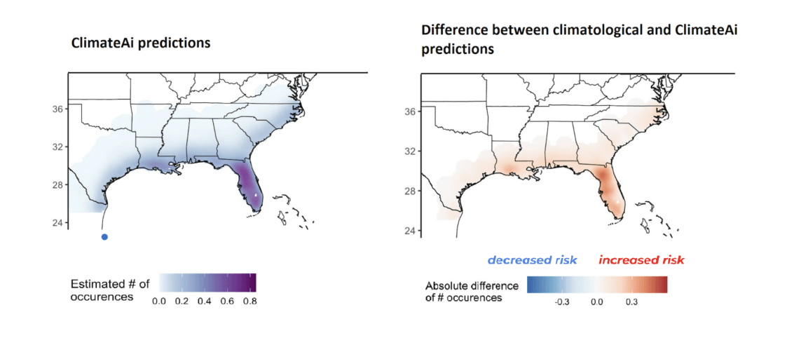 The image on the left shows a 60-80% chance of destructive winds (strong enough to damage roofs) in Florida. This is 30-50% higher risk than normal (as depicted in the image on the right).