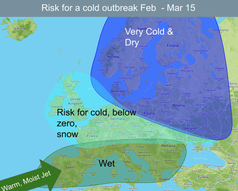 Map of Cold Outbreak Risk in Europe Feb-Mar