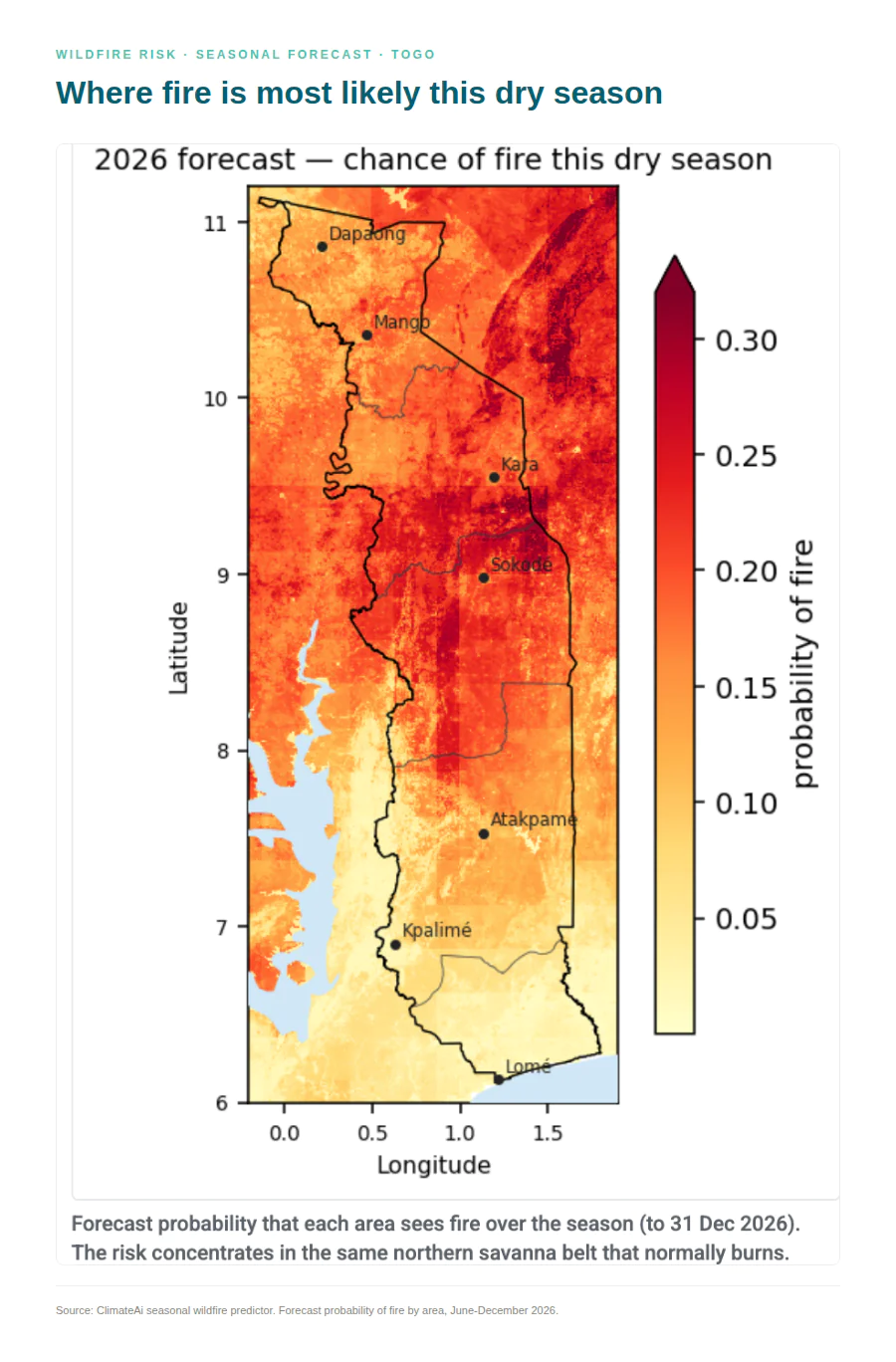 Map of Togo showing the 2026 seasonal wildfire forecast, with the highest fire probability concentrated across the northern regions during the dry season, helping businesses and governments identify areas of elevated wildfire risk.