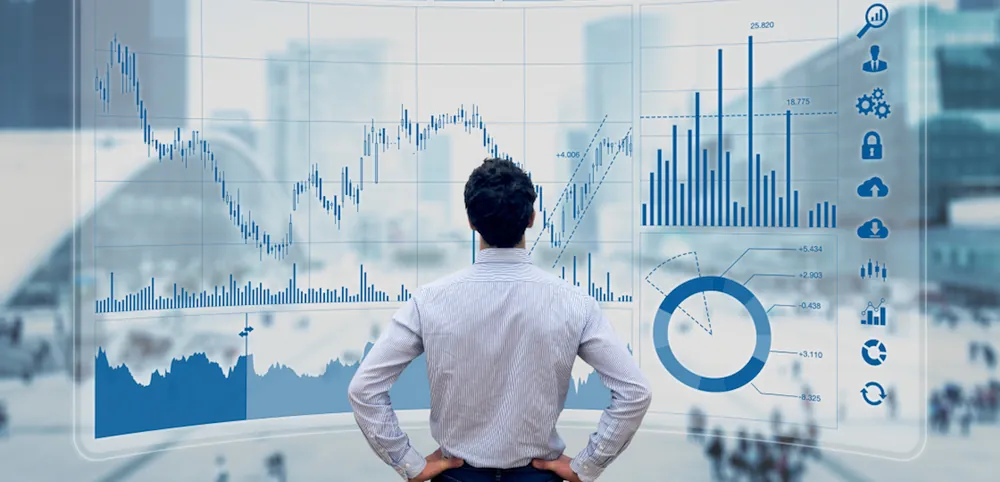 Finance trade manager analyzing stock market indicators for best investment strategy, financial data and charts with business buildings in background