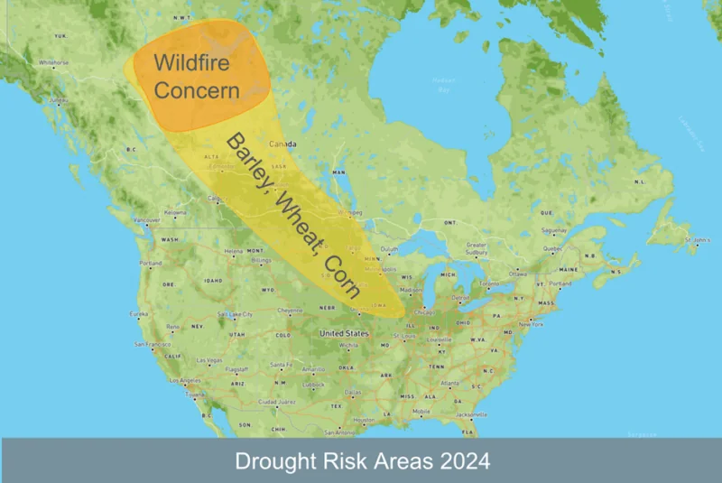 Drought Risk Areas - Wildfires, Barley, Wheat and Corn in North America