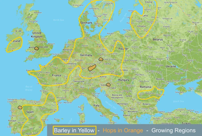 Barley and Hops Growing Regions in Europe