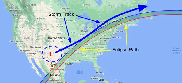 Path of the Eclipse and Storms in North America April 2024