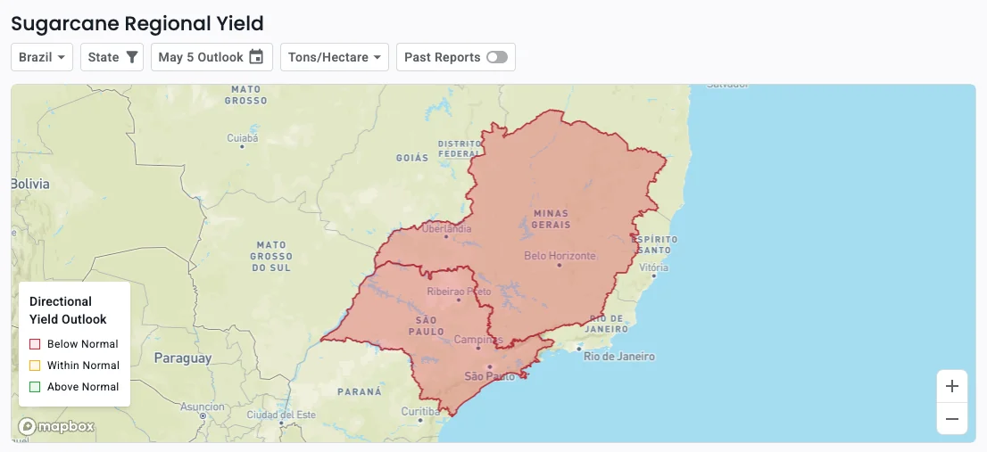 A map of Brazil showing reduced sugarcane field for 2025. 