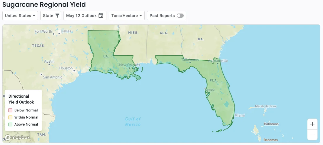 US map showing an above-normal US sugarcane yield in 2025