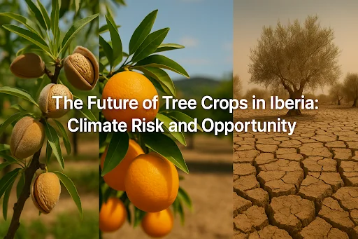 Banner image for blog on Iberian climate risks for tree crops, showing tree crops in Spain and Portugal.