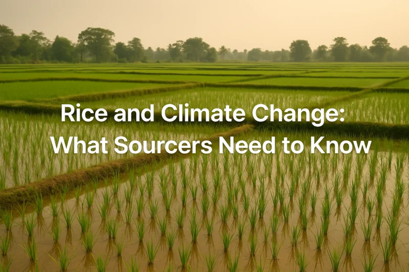 A blog header image, for a blog about rice and climate change, with rice paddies and the title of the blog on it.