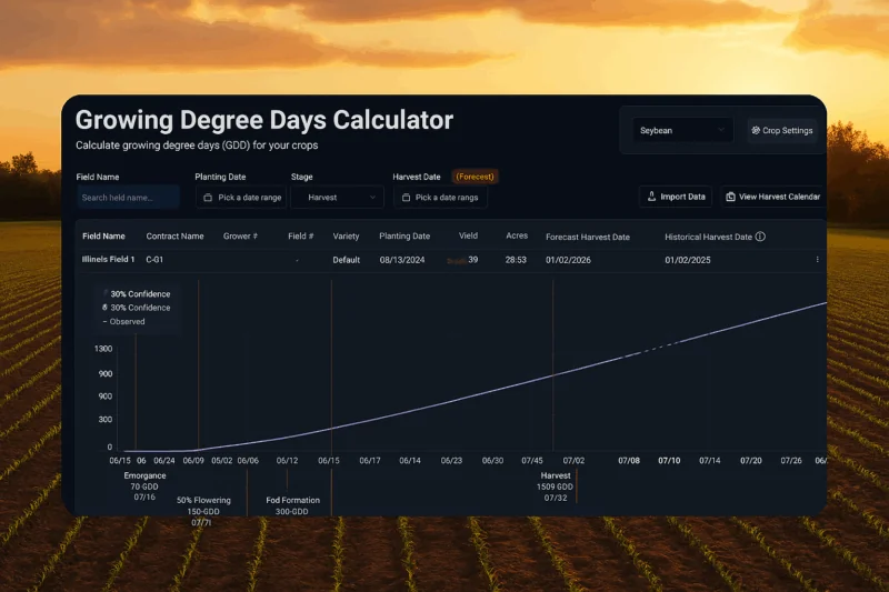 A blog header image featuring ClimateAi's Growing Degree Days tool superimposed on a farmer's field.