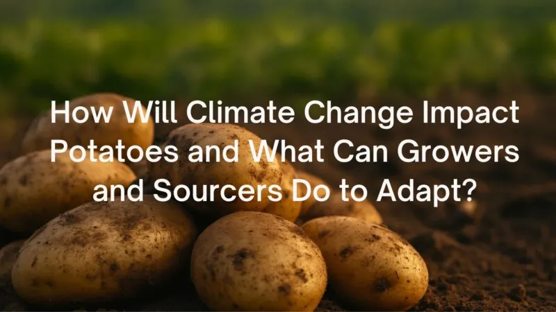 A header image for a blog about the climate risks facing potatoes and how growers and sourcers can adapt, it features an image of potatoes in a field with the blog title on it.