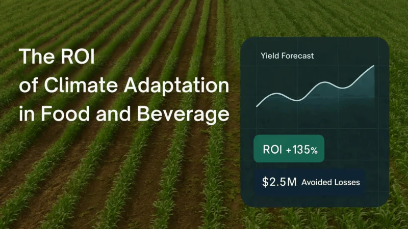 Header image for a blog on the ROI of climate adaptation for food and beverage companies, featuring a small ROI graph and the blog title.