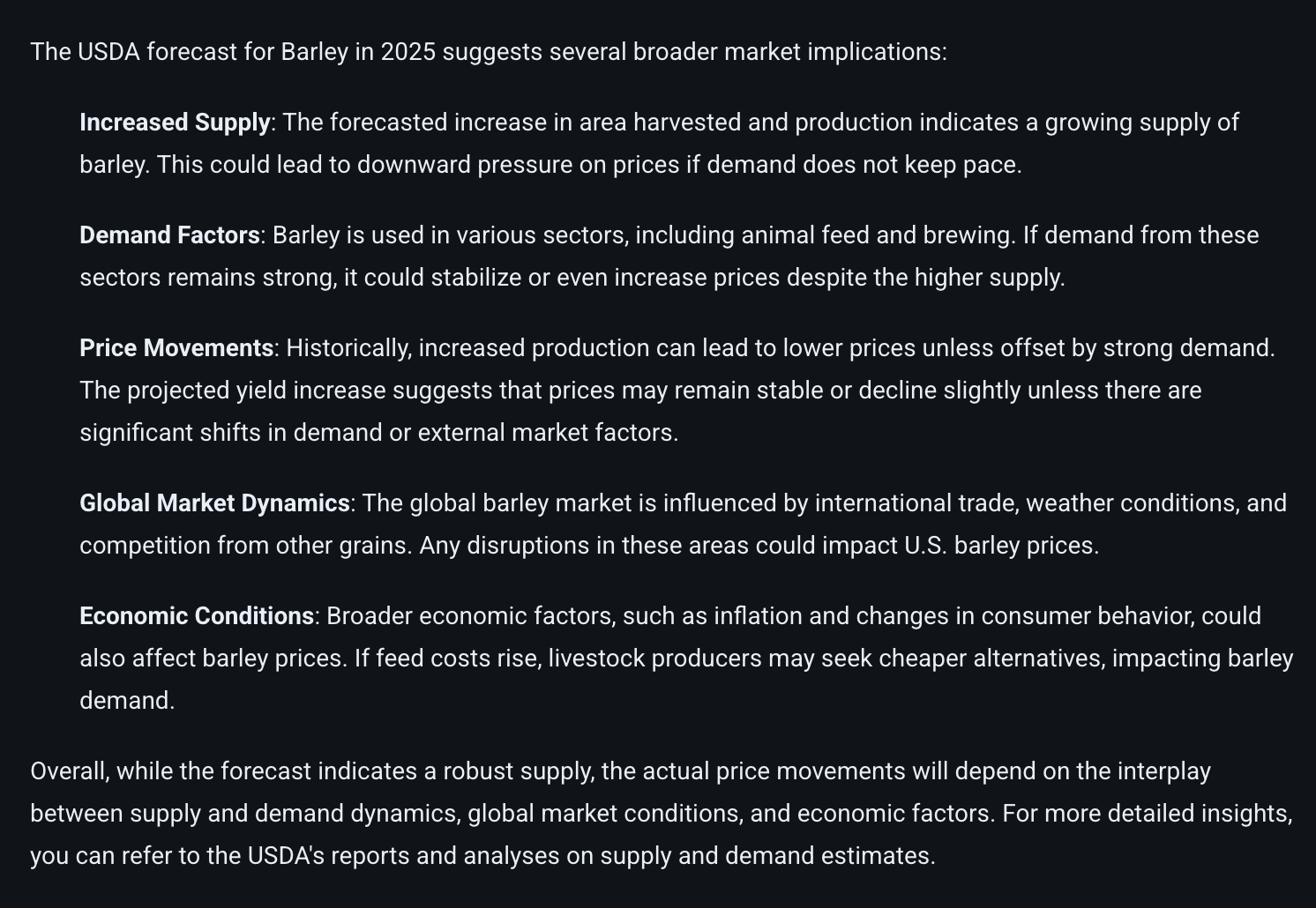 ClimateAi's AI agent gives advice on what the USDA's barley yield forecast might mean for commodity pricing.