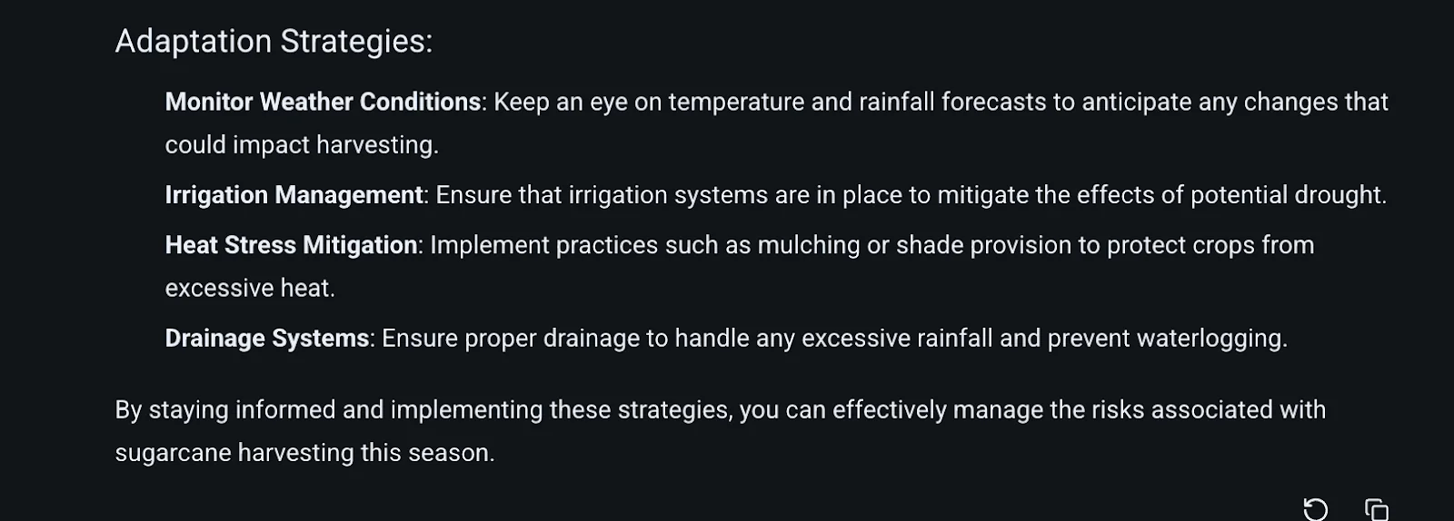 An output from ClimateAi's AI agent showing soem suggestions for remediating actions to adapt after a prompt asking about precipitation in Brazil.