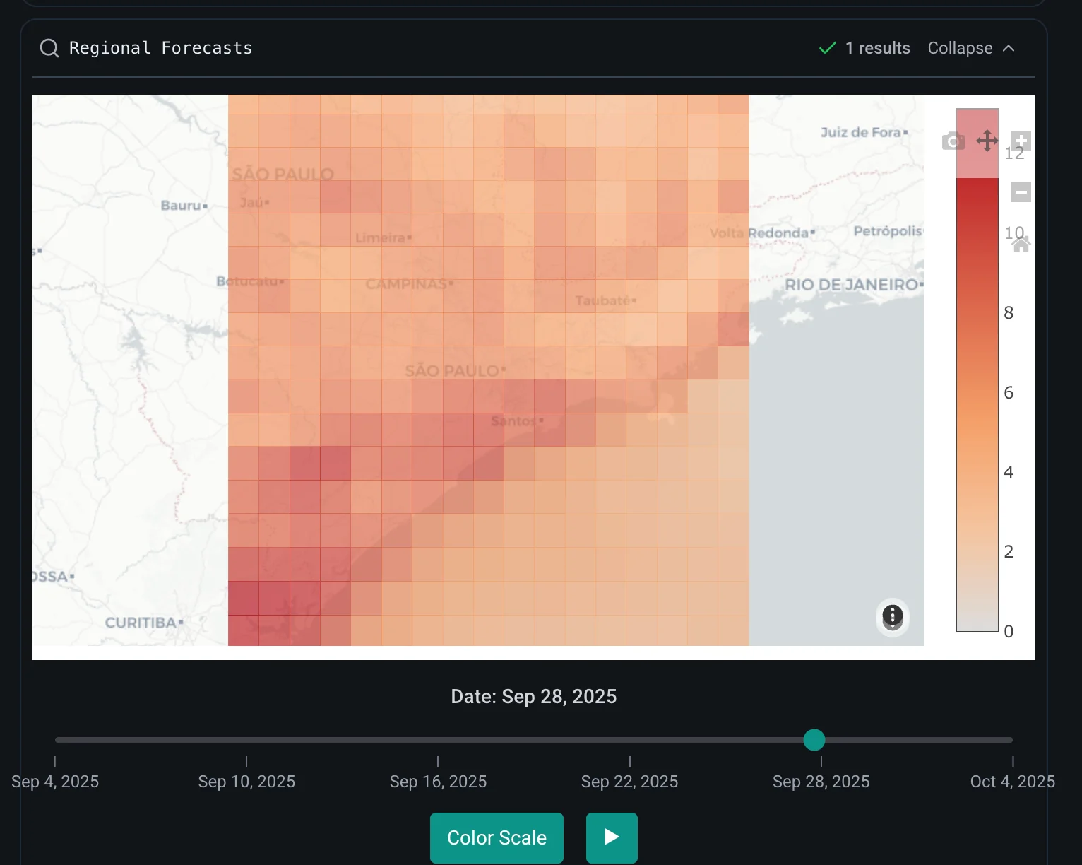 A map from ClimateAi's AI agent displaying the severity of precipitation chart in response to a prompt about precipitation in Brazil.