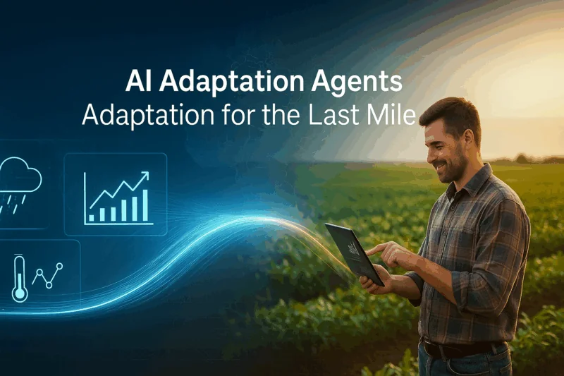 A banner image for a blog on: AI Adaptation Agents bridge the gap between complex climate data and real-world decisions, bringing adaptation intelligence across the last mile, showing a farmer using AI on an iPad.