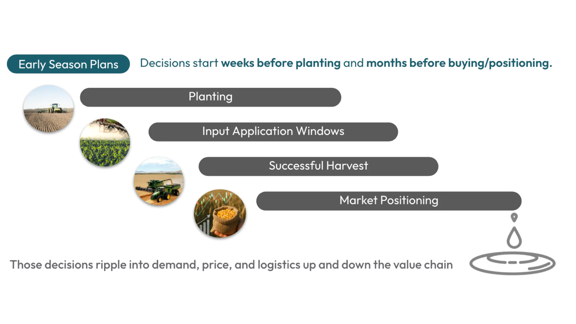 Timeline graphic showing how early season planting decisions influence input application, harvest timing, and market positioning in agriculture.